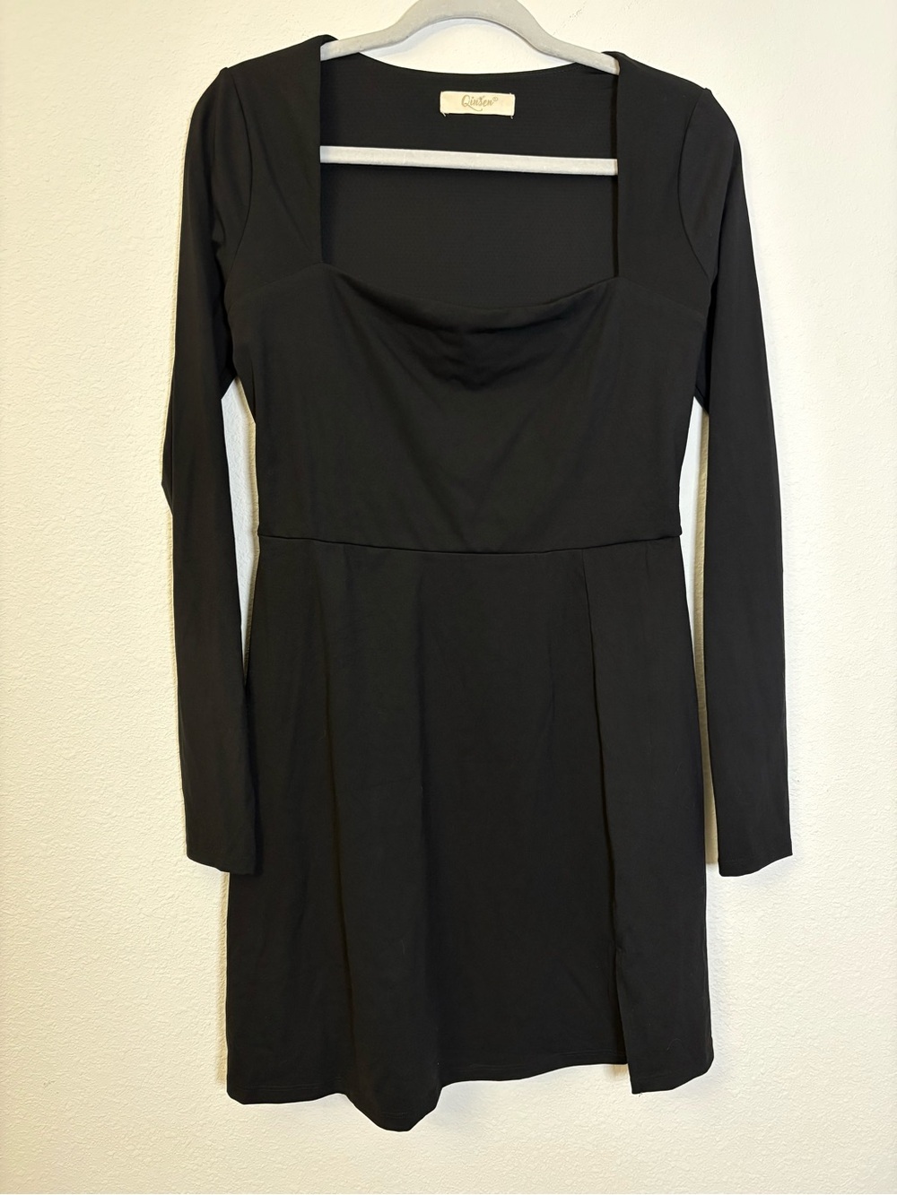 Black Square-Neck Long Sleeve Mini Dress with Side Slit - Picture 2 of 6